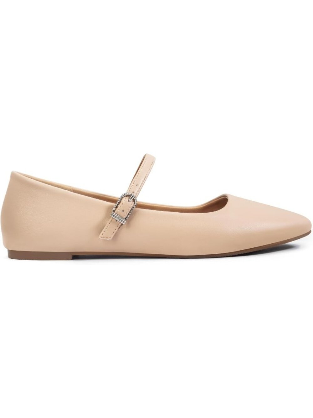 Women's Nude Faux Leather Mary Jane Flats Adjustable Strap Square Toe Shoes - Picture 4 of 6